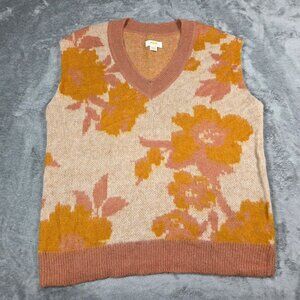 Anthropologie Maeve Sweater Vest Small Orange Plunging Loopy Floral Oversized